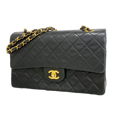 ★SALE【6id5261】シャネル ショルダーバッグ マトラッセ Wフラップ Wチェーン ラムスキン ブラック ゴールド金具【中古】レディース