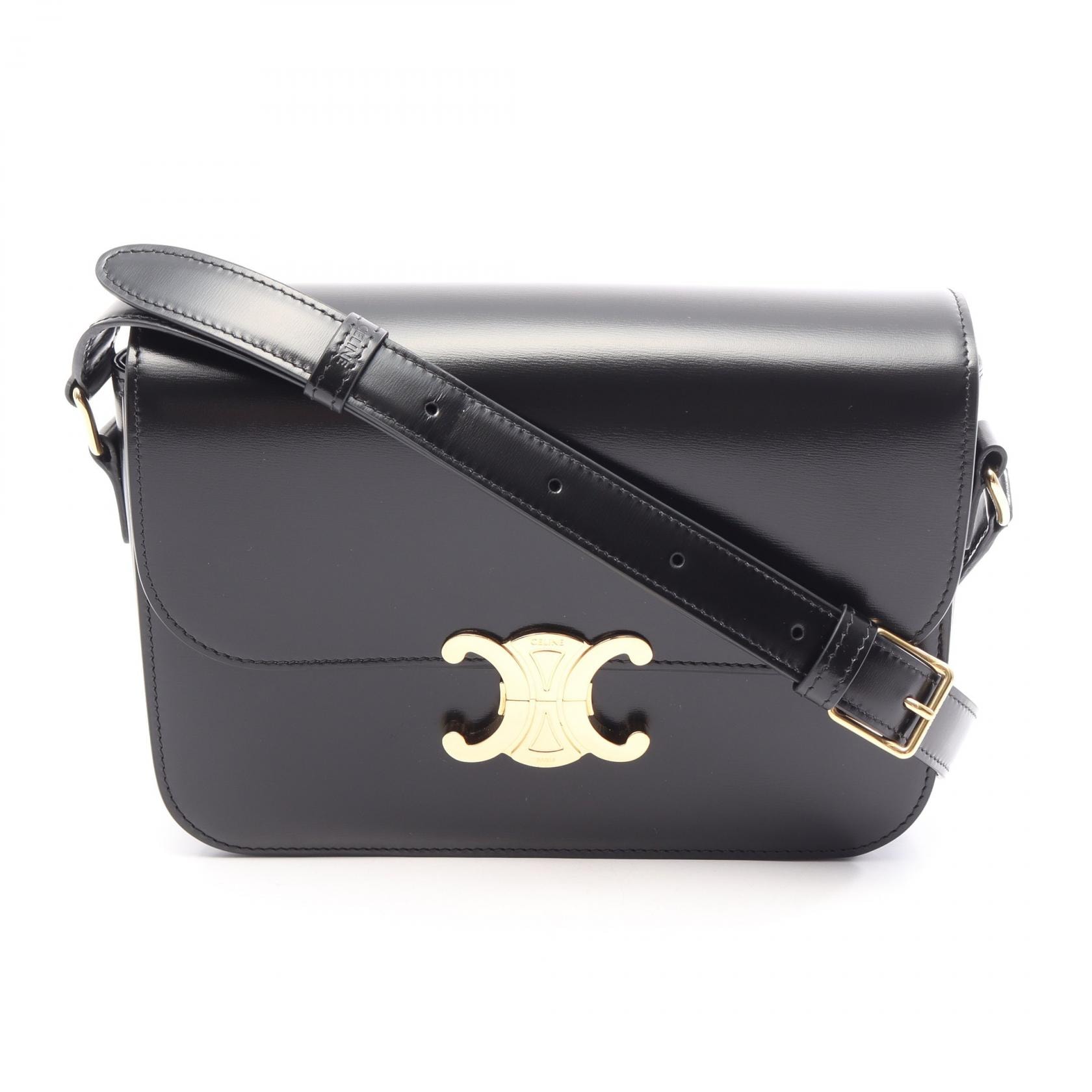 セリーヌ CELINE クラシック トリオンフ ミディアム ショルダーバッグ バッグ レザー レディース ブラック系 187363BF4.38 【中古】