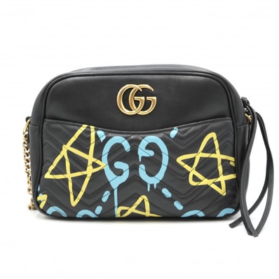 GUCCI(グッチ)GGマーモント ゴースト ショルダーバッグ チェーンショルダーバッグ ブラック レザー グラフィティプリント ゴールド金具 レディース 448065【中古】