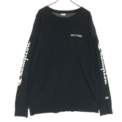 Champion チャンピオン コットン RODEO CROWNS ロデオクラウンズ コラボ ロゴプリント 長袖 Tシャツ L ブラック