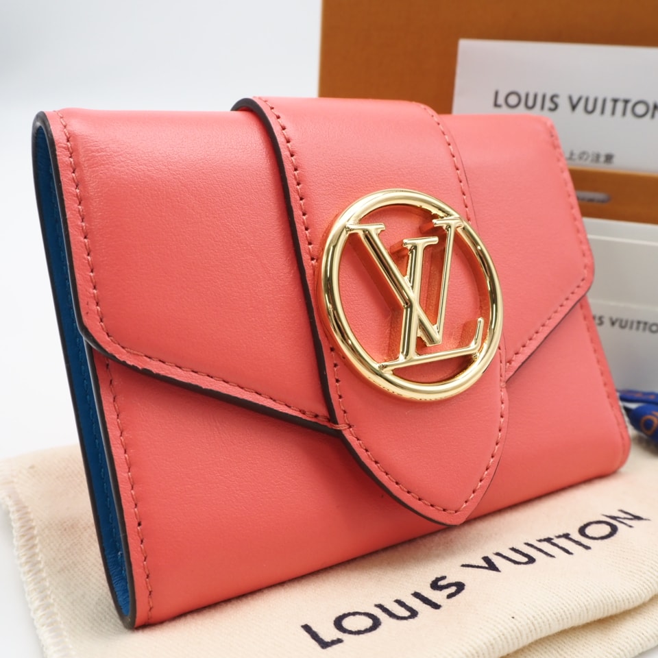美品 LOUIS VUITTON ルイ・ヴィトン カーフスキン ポルトフォイユ LVポンヌフ コンパクト ダリア M69177 三つ折り財布 ピンク ブルー カーフレザー レディース