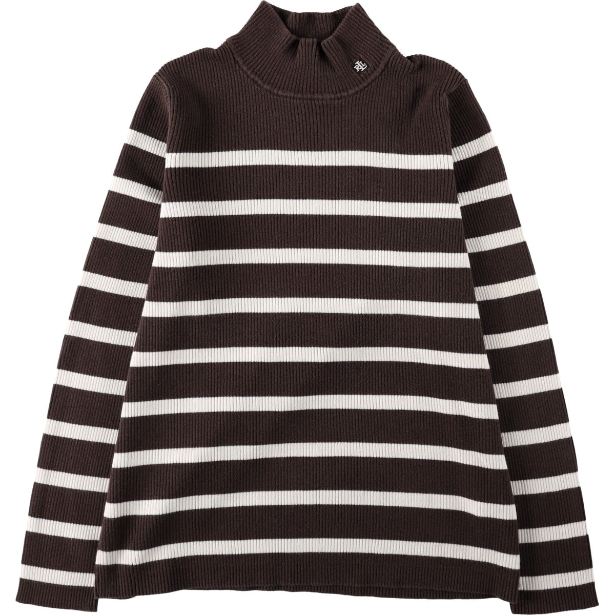 古着 ラルフローレン Ralph Lauren LAUREN ローレン ボーダー柄 リブ編み ハイネック コットンニットセーター レディースXL相当/eaa672613