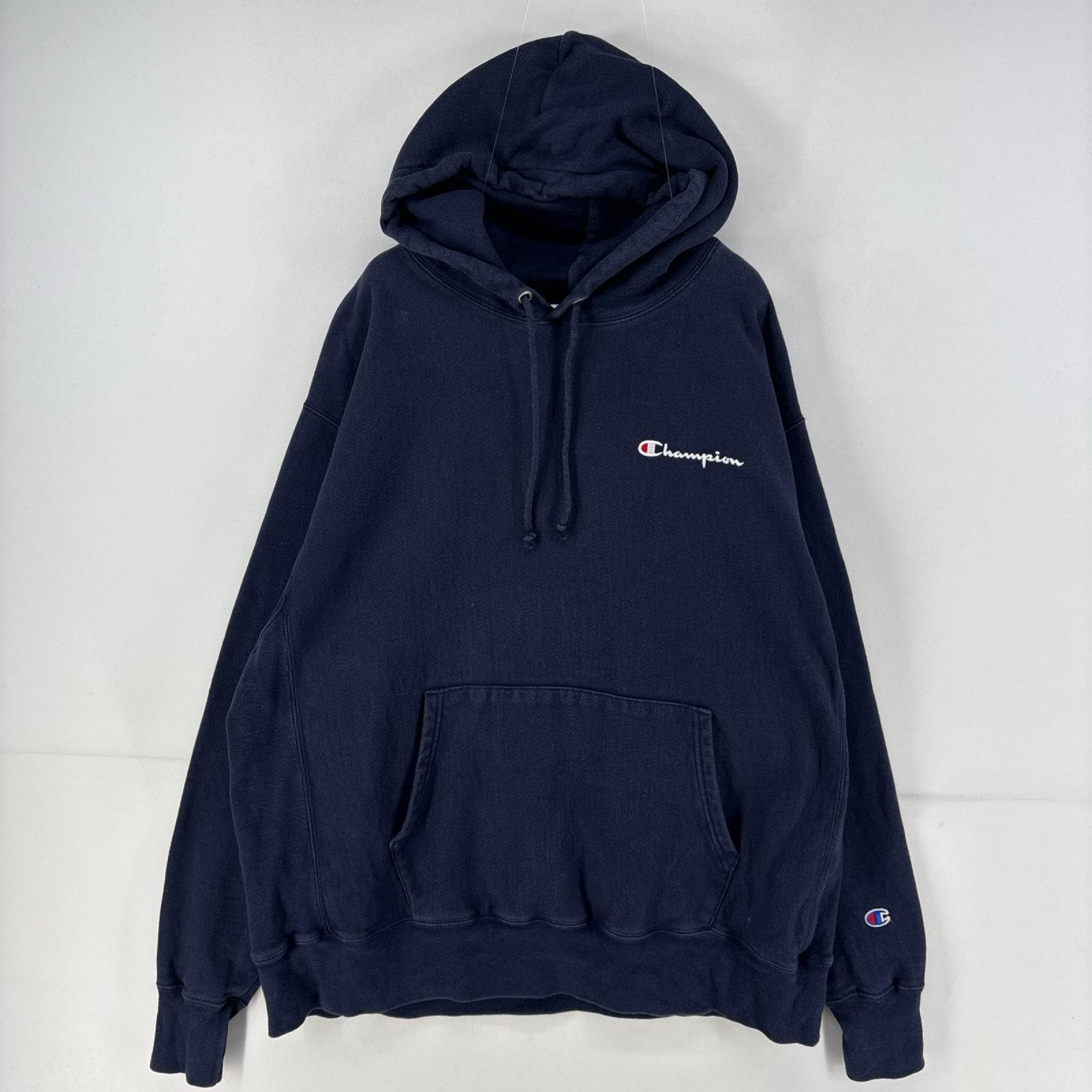 古着 チャンピオン Champion パーカー プルオーバー 大きいサイズ ワンポイント リバースウィーブ XL ネイビー 無地 メンズ