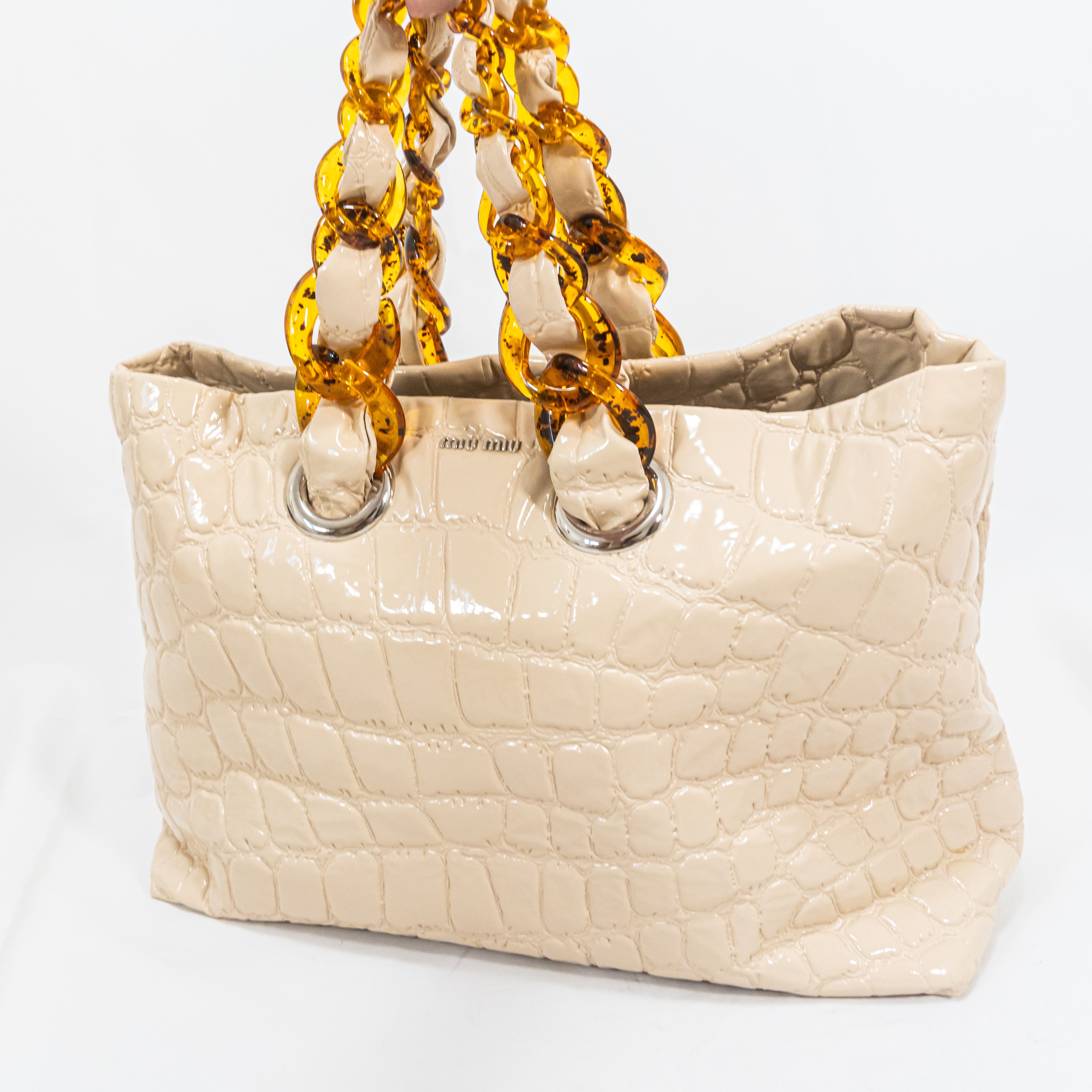 極美品 miumiu べっ甲調 トートバッグ パテントレザー クロコ型押し