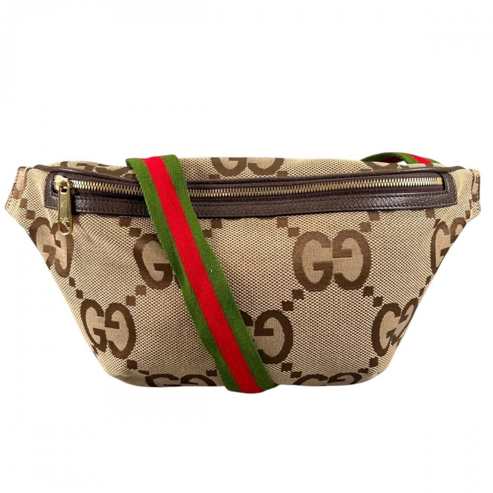 GUCCI グッチ ショルダーバッグ GGジャンボ シェリーライン 斜め掛け 696031 GGキャンバス レザー ブラウン 茶 レッド 赤 ゴールド金具 メンズ【中古品】