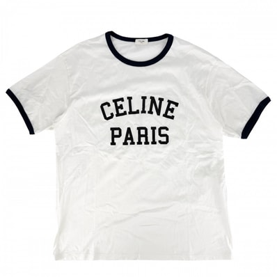 CELINE セリーヌ 半袖Tシャツ ロゴプリント トップス カットソー クルーネック アパレル 服 L 2X45M671Q ホワイト 白 ブラック 黒 コットン メンズ 春 夏 美品【中古品】