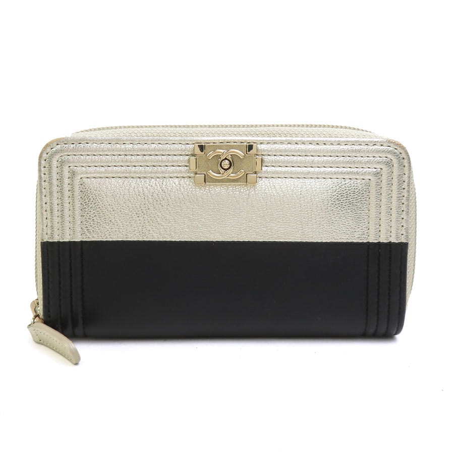 シャネル CHANEL 長財布 財布 ボーイシャネル レザー ブラック/ゴールド ゴールド レディース【中古】 e62085a
