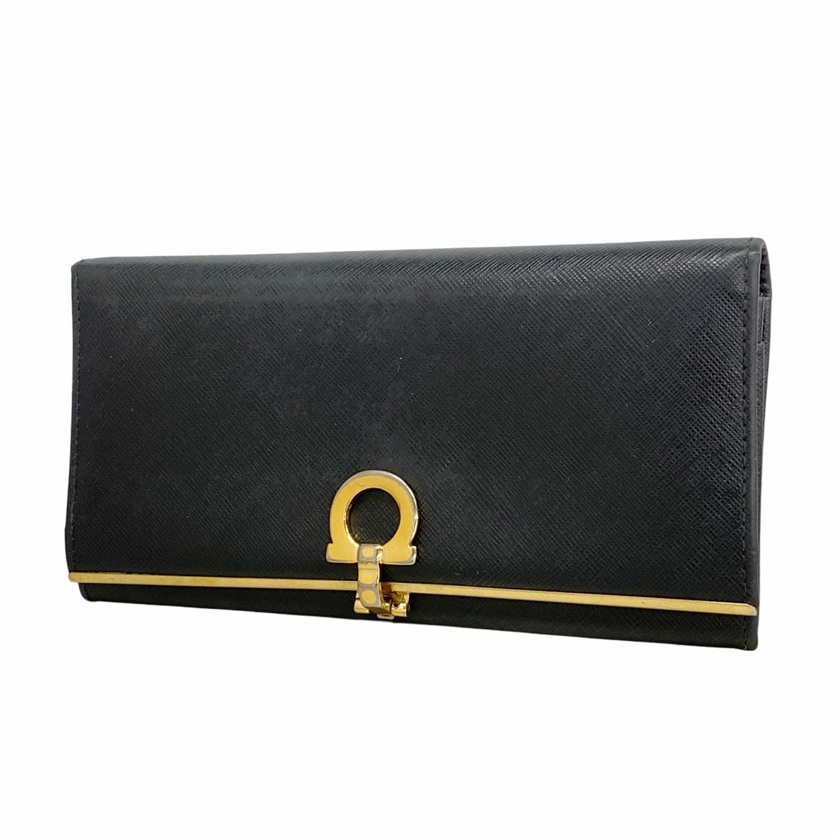 【6da0094】サルヴァトーレフェラガモ 長財布 ガンチーニ レザー ブラック ゴールド金具【中古】レディース