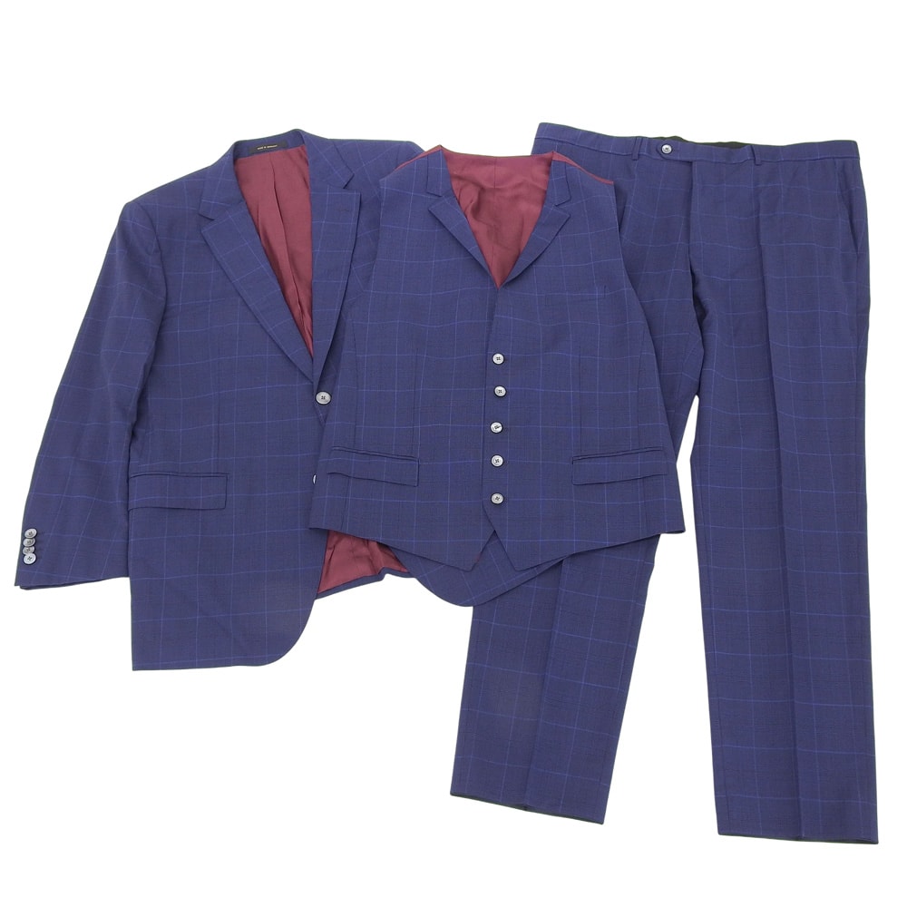 ボス 新品同様 ウィンドウペン 3P スーツ ウール セットアップ メンズ ブルー ―