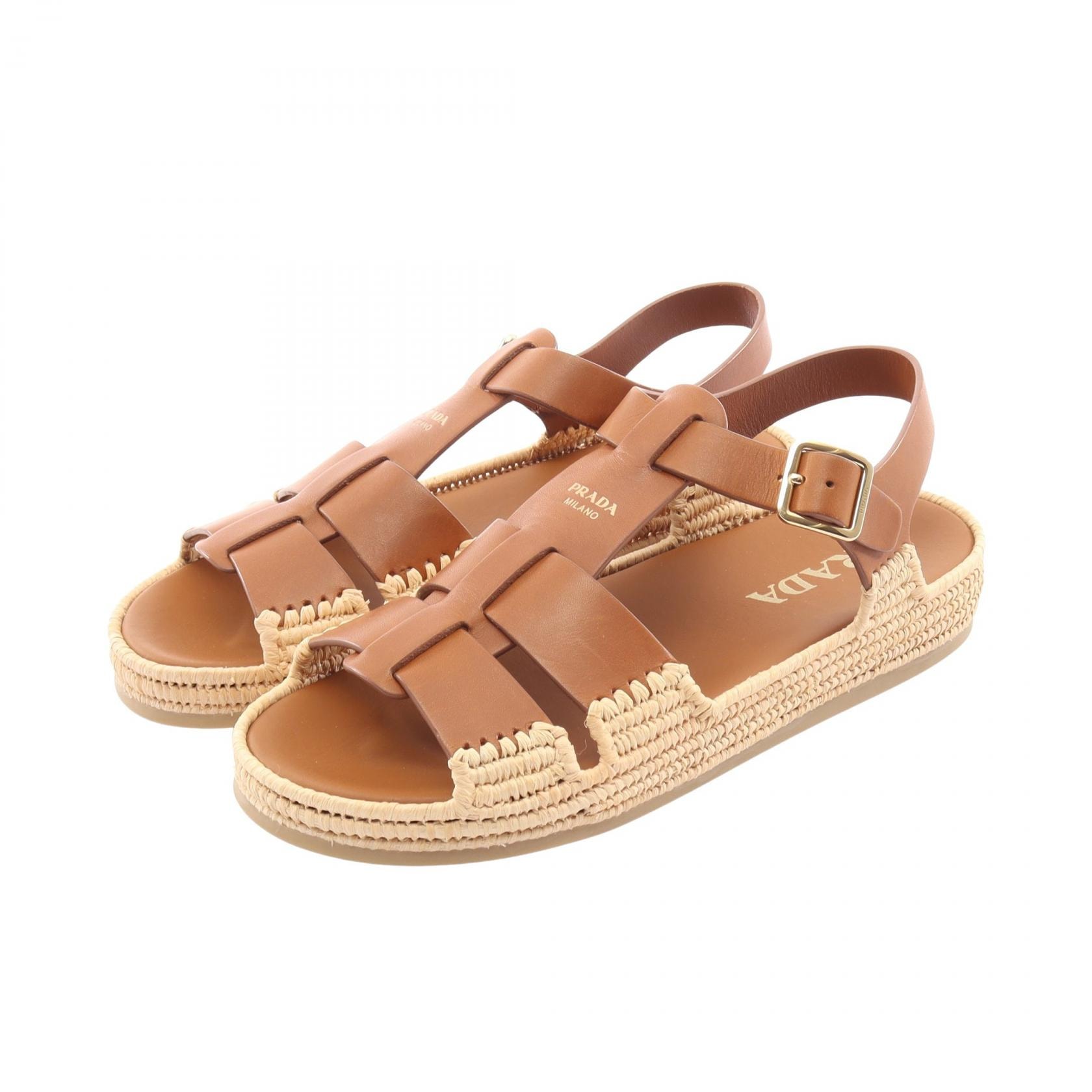 プラダ PRADA サンダル 靴 レザー ラフィア レディース ブラウン系 1X870N 【中古】