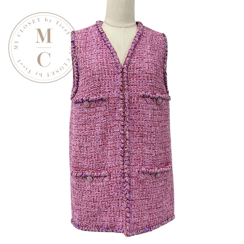 シャネル CHANEL トップス コットン ピンク系 ベスト ジレ ツイード ライオンボタン