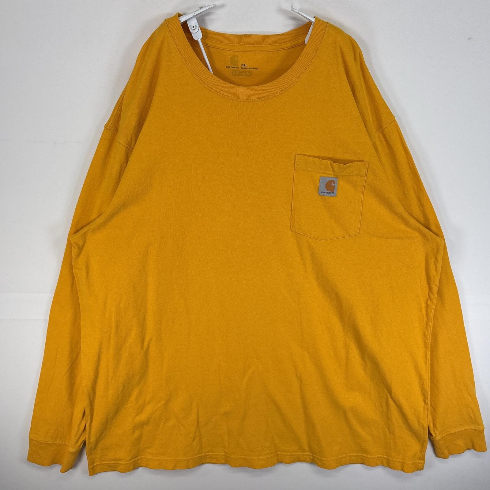 古着 カーハート Carhartt 長袖Tシャツ 大きいサイズ 肉厚 ワンポイント ロゴ 胸ポケ クルーネック 2XL  イエロー 無地 メンズ