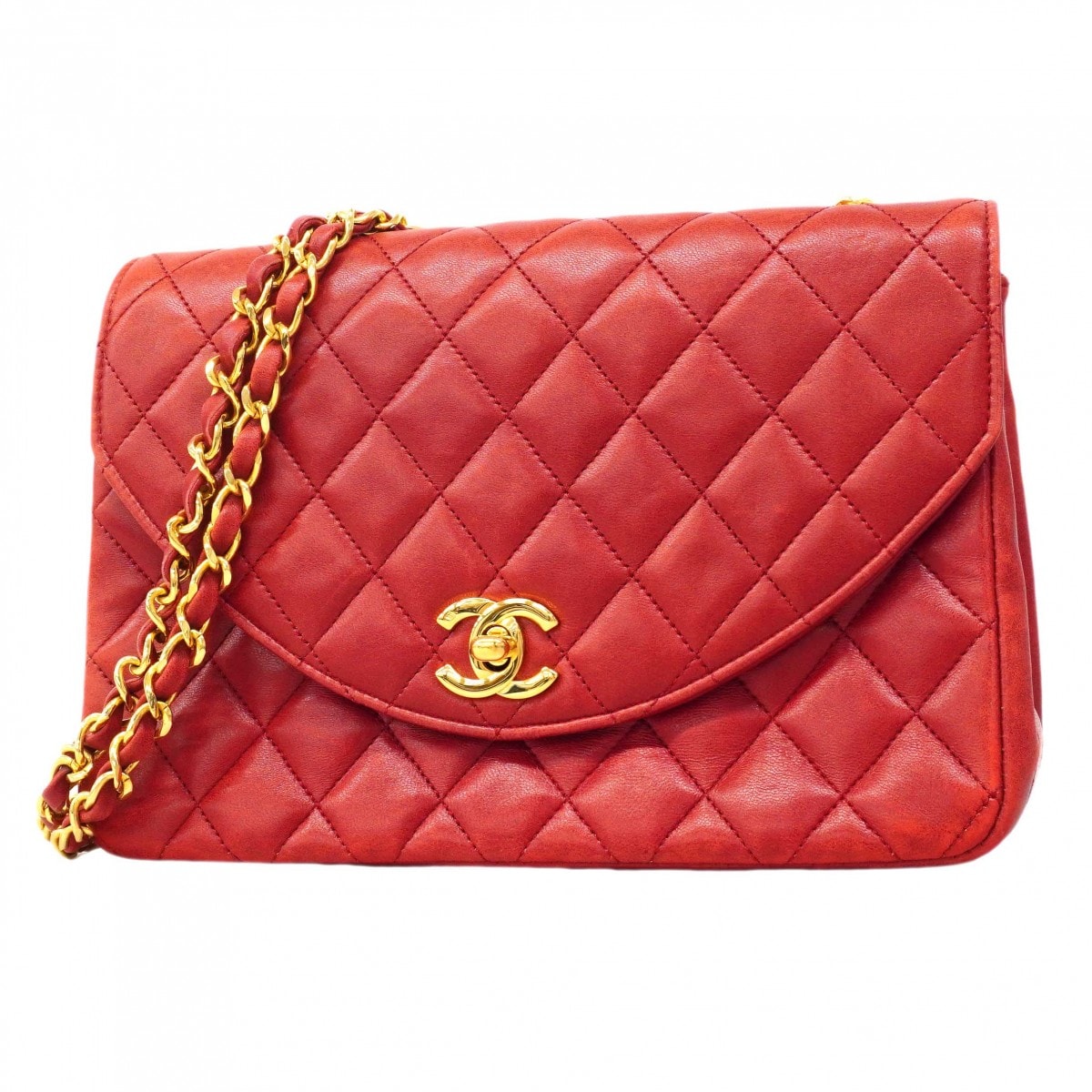 【6de6466-k】シャネル ショルダーバッグ マトラッセ チェーンショルダー ラムスキン レッド ゴールド金具【中古】レディース
