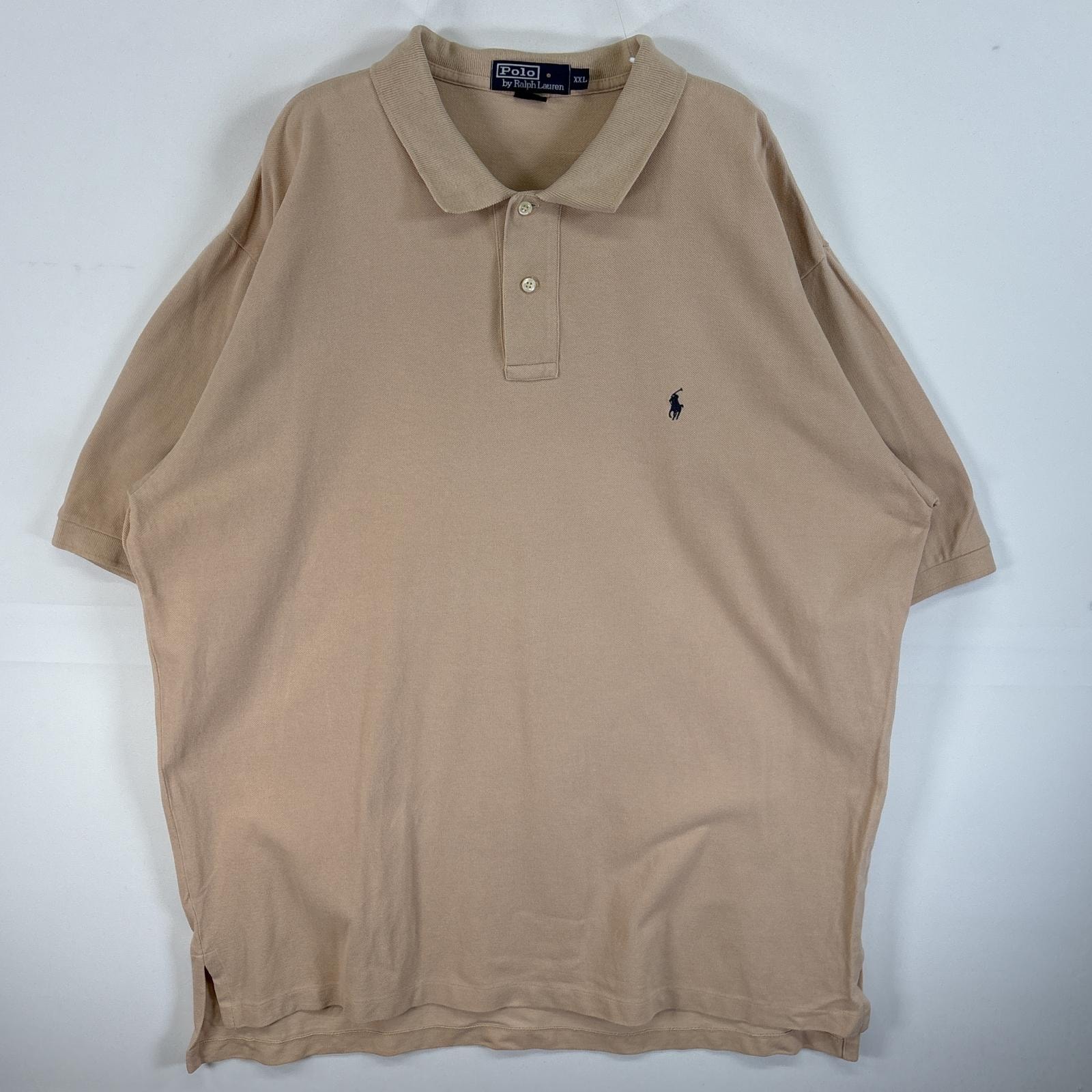 古着 90's/90年代 ポロバイラルフローレン Polo by Ralph Lauren 鹿の子 半袖 ポロシャツ ロゴ 刺繍 単色 大きいサイズ 14041  ベージュ 無地 メンズ
