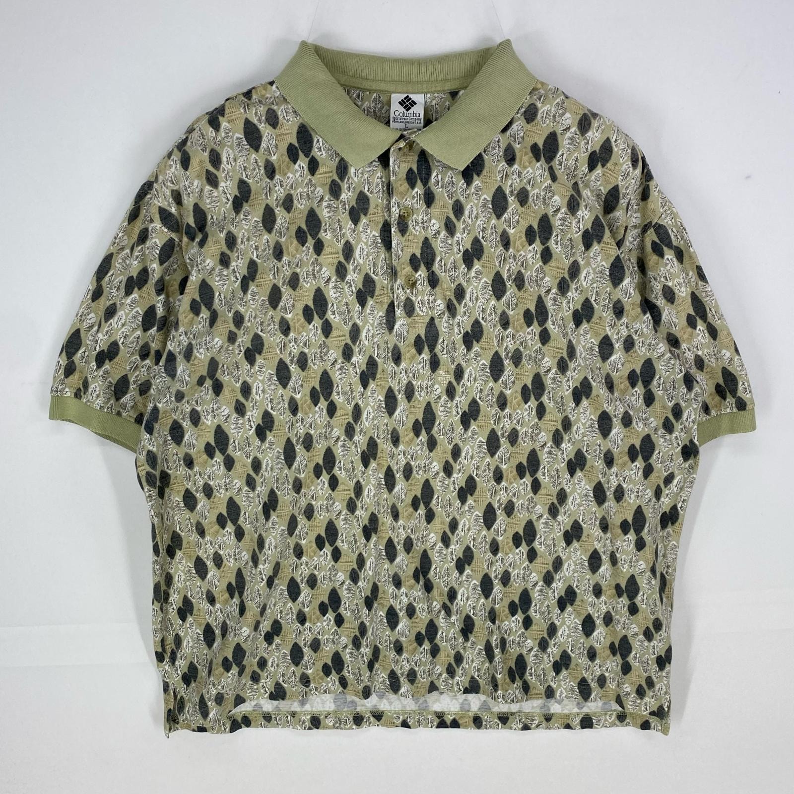 古着 90's/90年代 コロンビア Columbia 半袖シャツ アウトドア ポロシャツ ショートスリーブ L グリーン系 総柄 メンズ