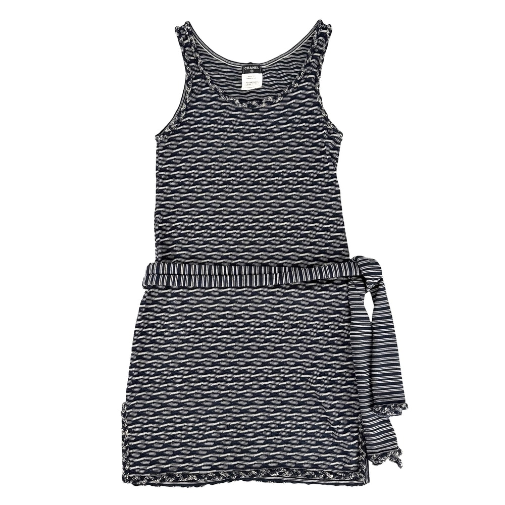CHANEL シャネル ワンピース ノースリーブ チュニック ココマーク アパレル 服 34 ネイビー 紺 ホワイト 白 レーヨン コットン ポリエステル ナイロン レディース 春 夏【中古品】