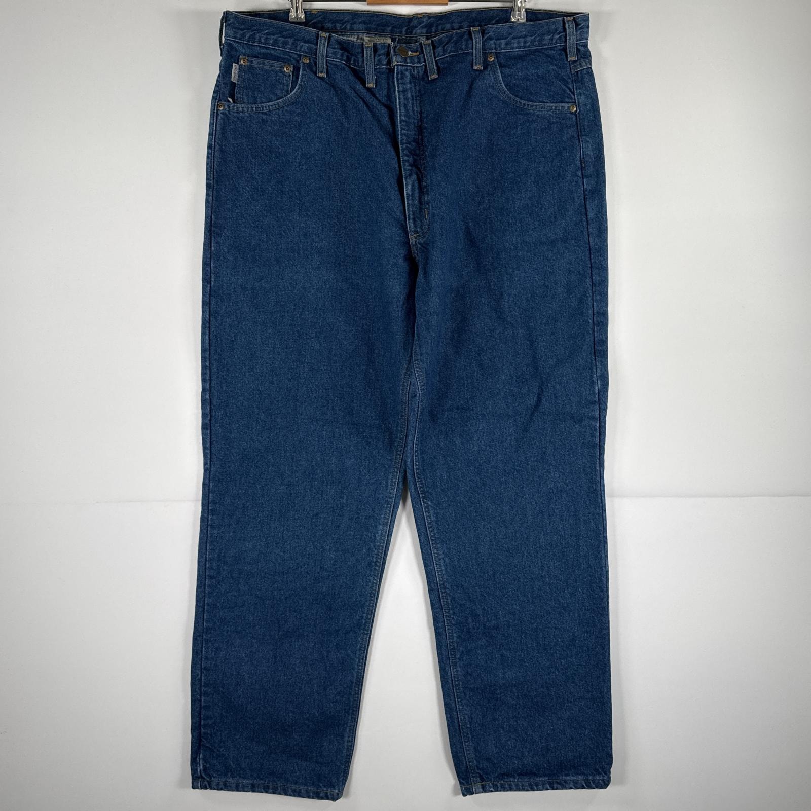 古着 カーハート Carhartt デニムパンツ ジーパン 5ポケット ワンポイント ロゴ ワークパンツ テーパード 大きいサイズ w44 L32  ブルー メンズ