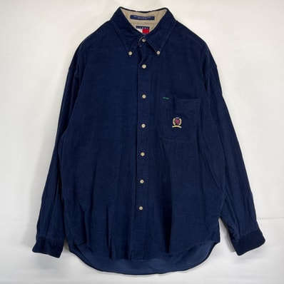 古着 90's/90年代 トミーヒルフィガー TOMMY HILFIGER 長袖シャツ ボタンダウン コーデュロイ ワンポイントロゴ M ネイビー メンズ