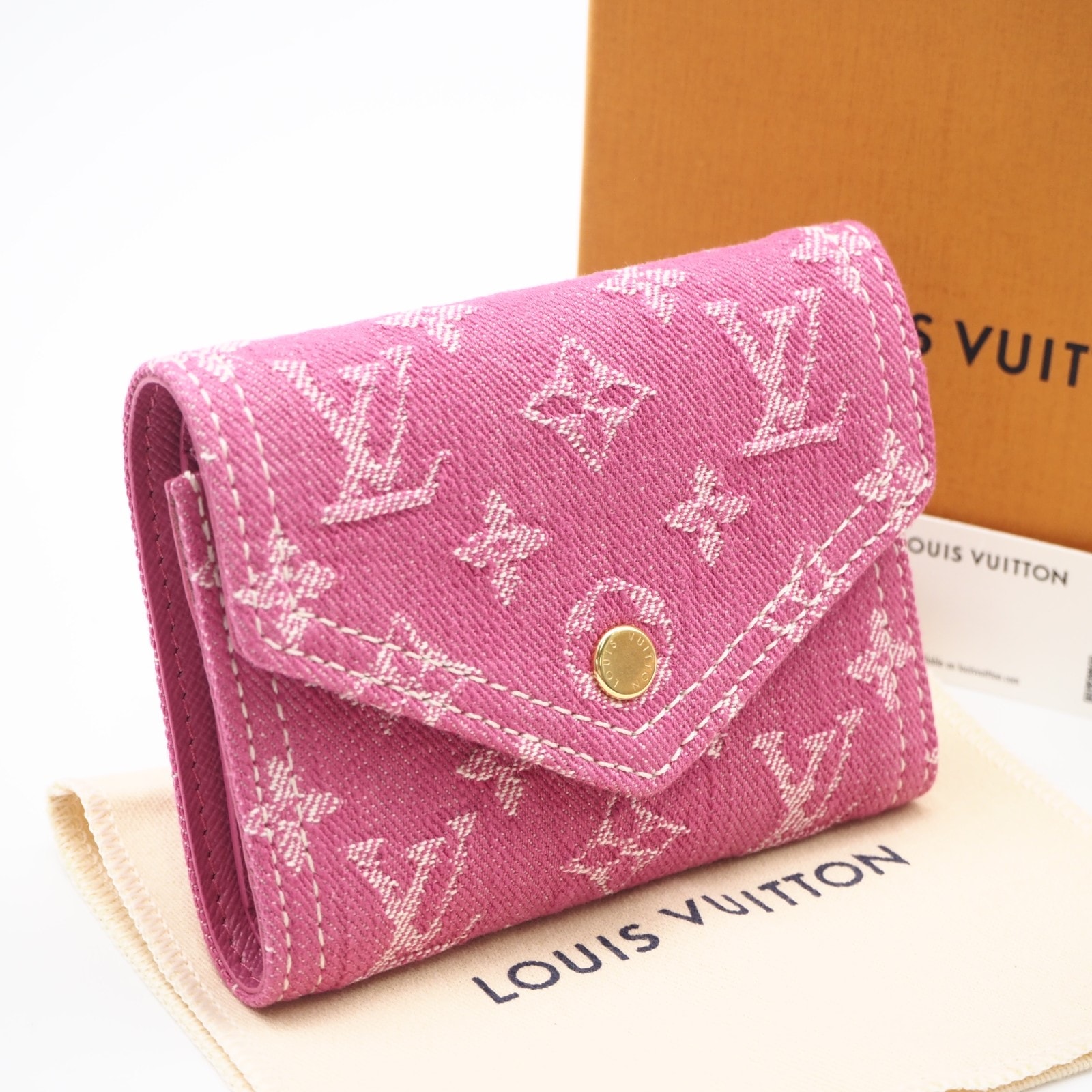 極美品 LOUIS VUITTON ルイ・ヴィトン モノグラム デニム ポルトフォイユ ヴィクトリーヌ フューシャ M27707 三つ折り財布 ピンク キャンバス レザー レディース