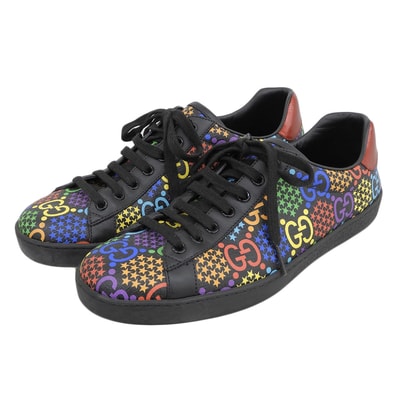 グッチ 美品 GGサイケデリック ローカット スニーカー シューズ メンズ ブラック×マルチカラー 7 610085 7