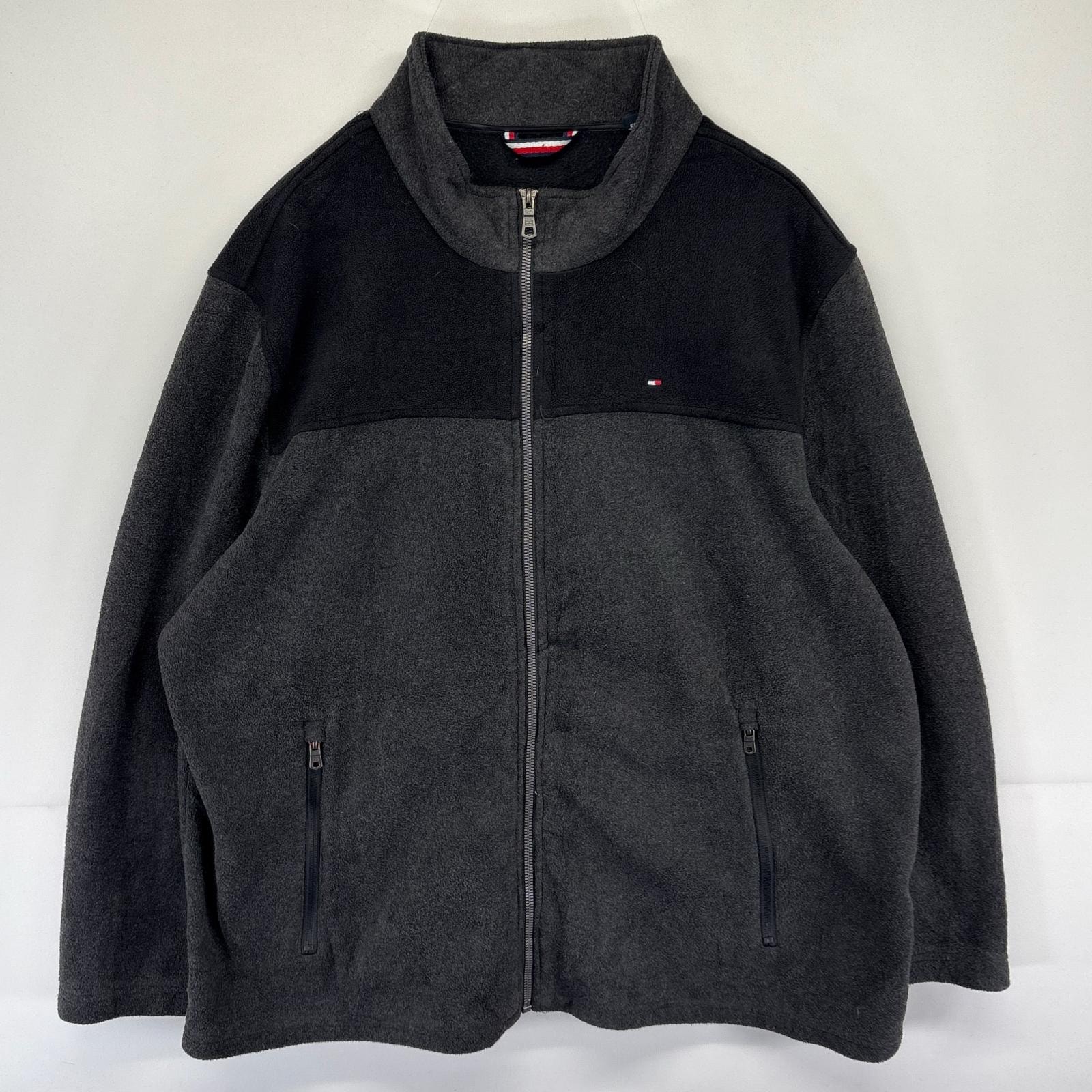 古着 トミーヒルフィガー TOMMY HILFIGER フリース ジャケット ワンポイント 大きいサイズ ロゴ 刺繍 2XL  ブラック系 メンズ