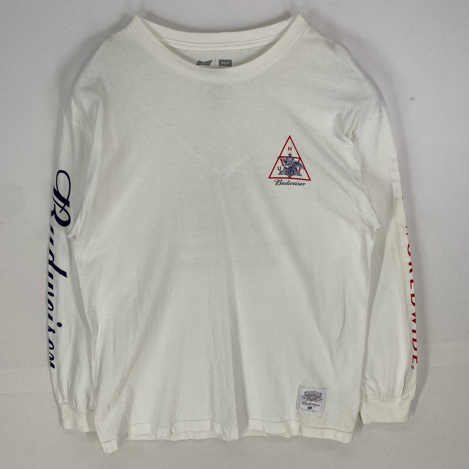 古着 ハフ HUF 長袖Tシャツ クルーネック ストリート バドワイザー 袖ロゴプリント L  ホワイト系 両面プリント メンズ