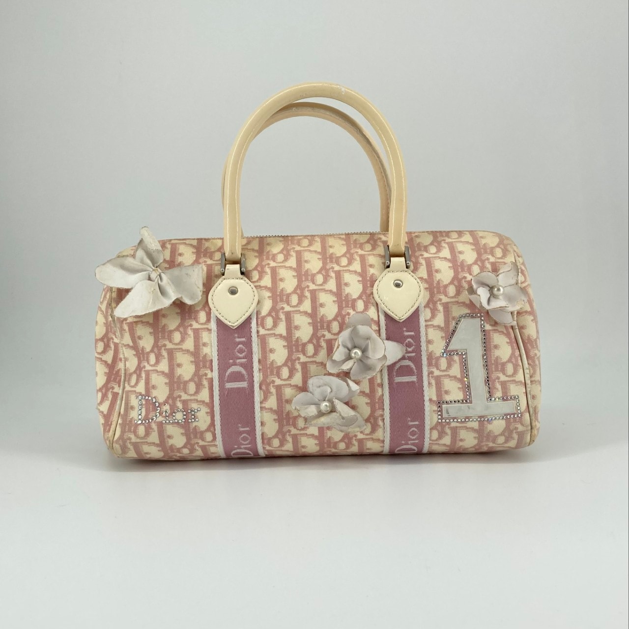 Christian Dior(クリスチャンディオール) トロッター ガーリーライン ミニボストンバッグ ハンドバッグ ピンク×ホワイト