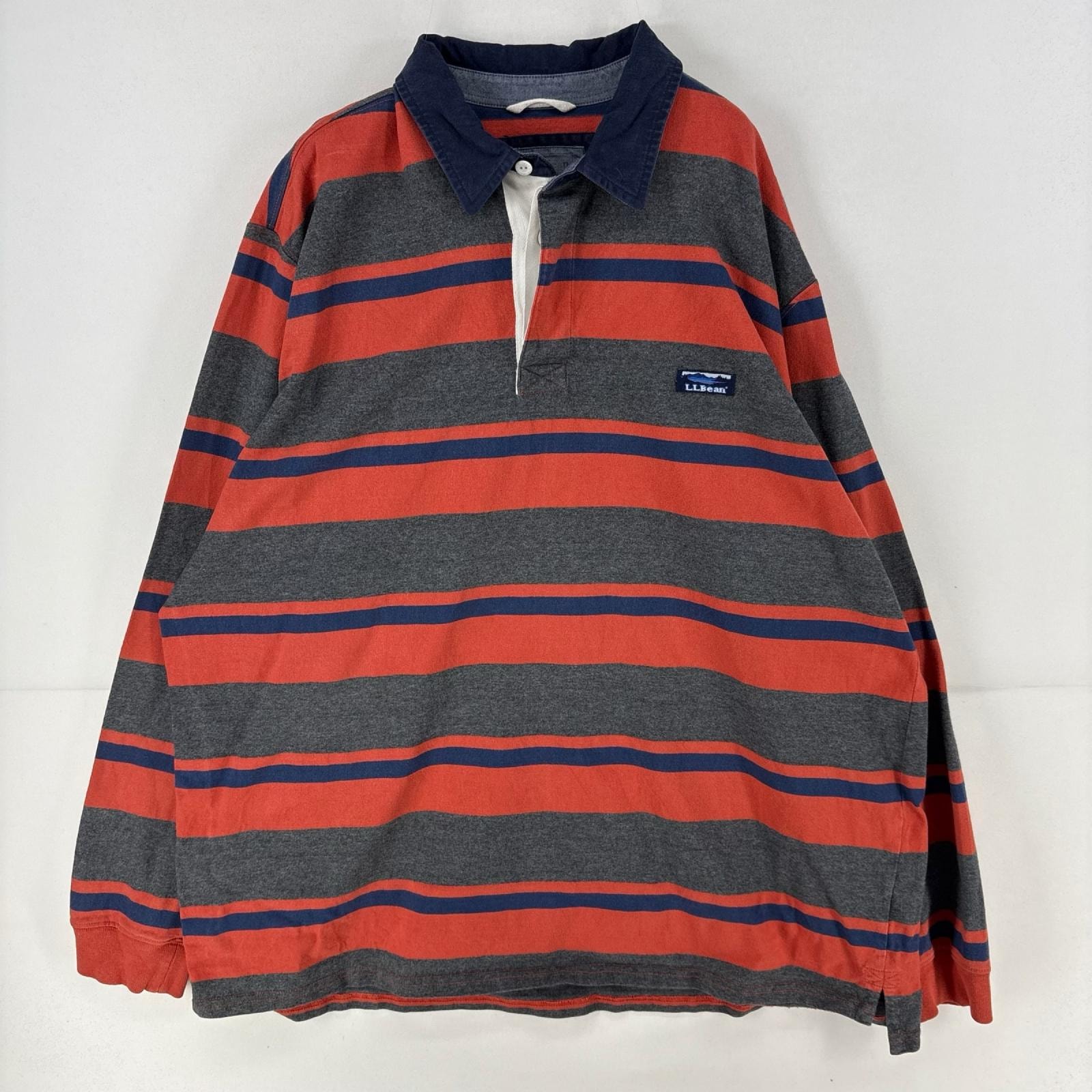 古着 エルエルビーン L.L.Bean 長袖シャツ ラガーシャツ ラグビーシャツ 大きいサイズ 2XL オレンジ系 ボーダー メンズ