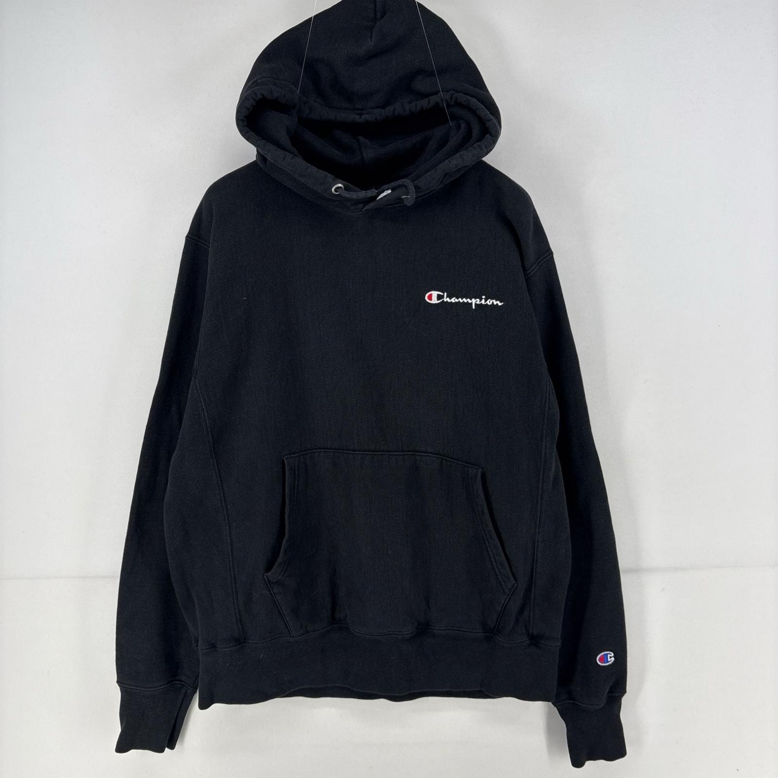 古着 チャンピオン Champion パーカー スウェット プルオーバー ワンポイント ロゴ 刺繍 リバースウィーブ M  ブラック メンズ