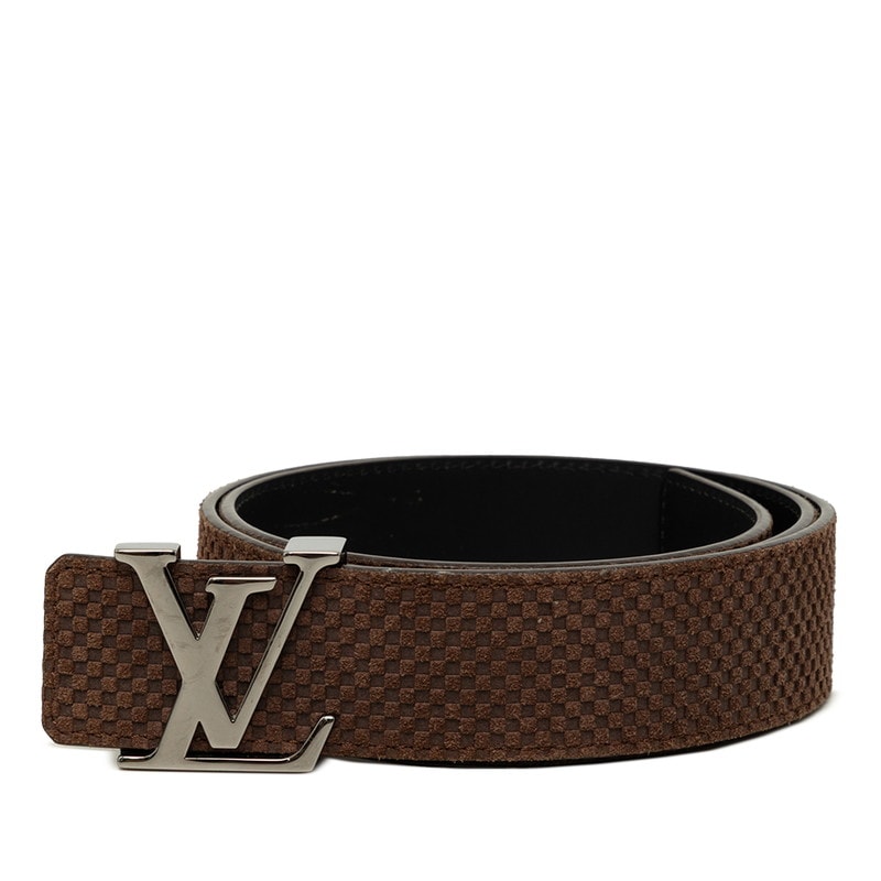 ルイ ヴィトン マイクロ ダミエ サンチュール LV イニシャル ベルト サイズ90/36 M6876 ブラウン レザー スウェード メンズ LOUIS VUITTON 【中古】