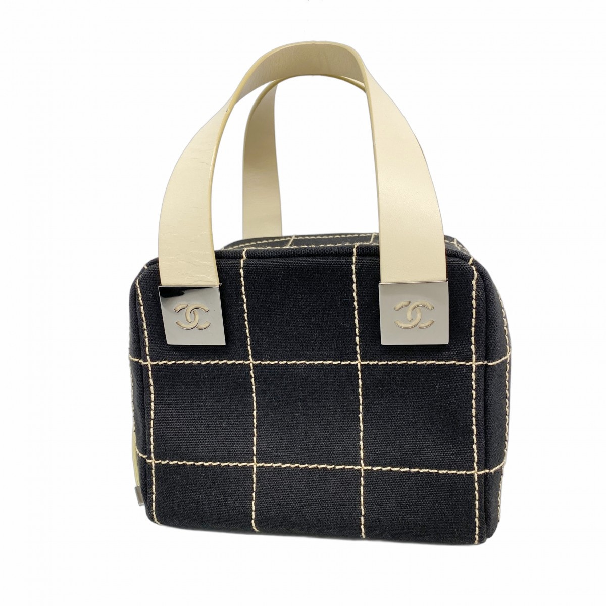 【6ce6041-k】シャネル ハンドバッグ チョコバー キャンバス ブラック ホワイト シルバー金具【中古】レディース