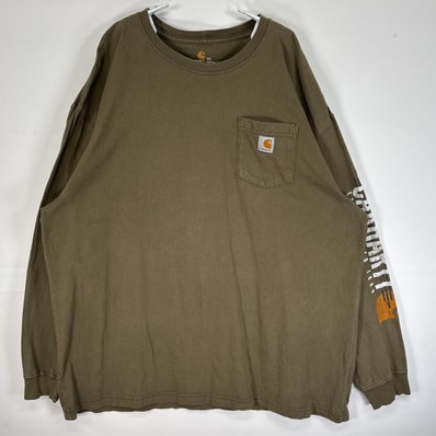 古着 カーハート Carhartt 長袖Tシャツ 大きいサイズ 肉厚 袖 ラバープリント サンフェード クルーネック 2XL カーキ メンズ