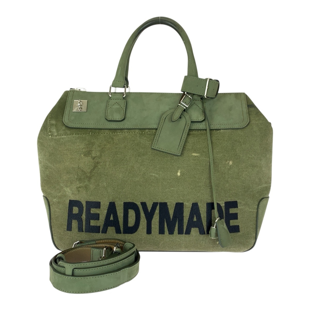 美品 READY MADE レディメイド GYM BAG READYMADEロゴ グリーン シルバー金具 キャンバス レザー/ ボストンバッグ トートバッグ ショルダーバッグ 506299 【中古】