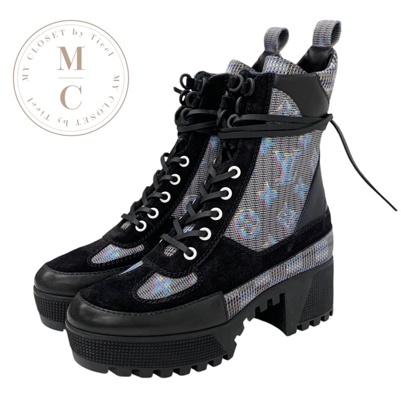 ルイヴィトン LOUIS VUITTON ローリエートライン モノグラム ブーツ ショートブーツ 靴 シューズ レザー スエード ブラック マルチカラー アンクルブーツ レースアップ
