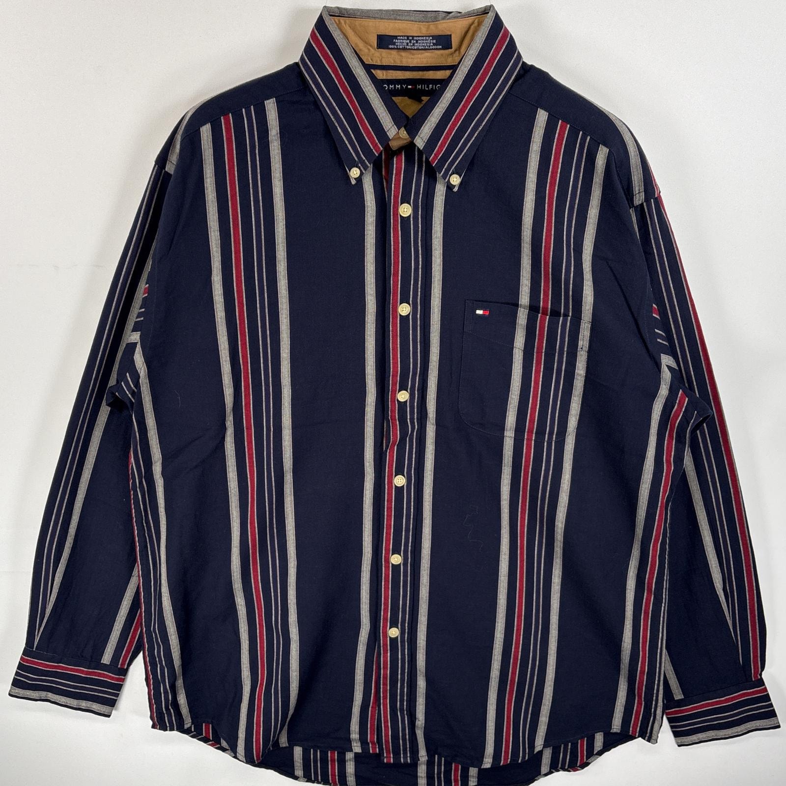 古着 トミーヒルフィガー TOMMY HILFIGER 長袖シャツ ボタンダウンシャツ ワンポイント 刺繍 ロゴ 胸ポケ M  ネイビー系 ストライプ メンズ