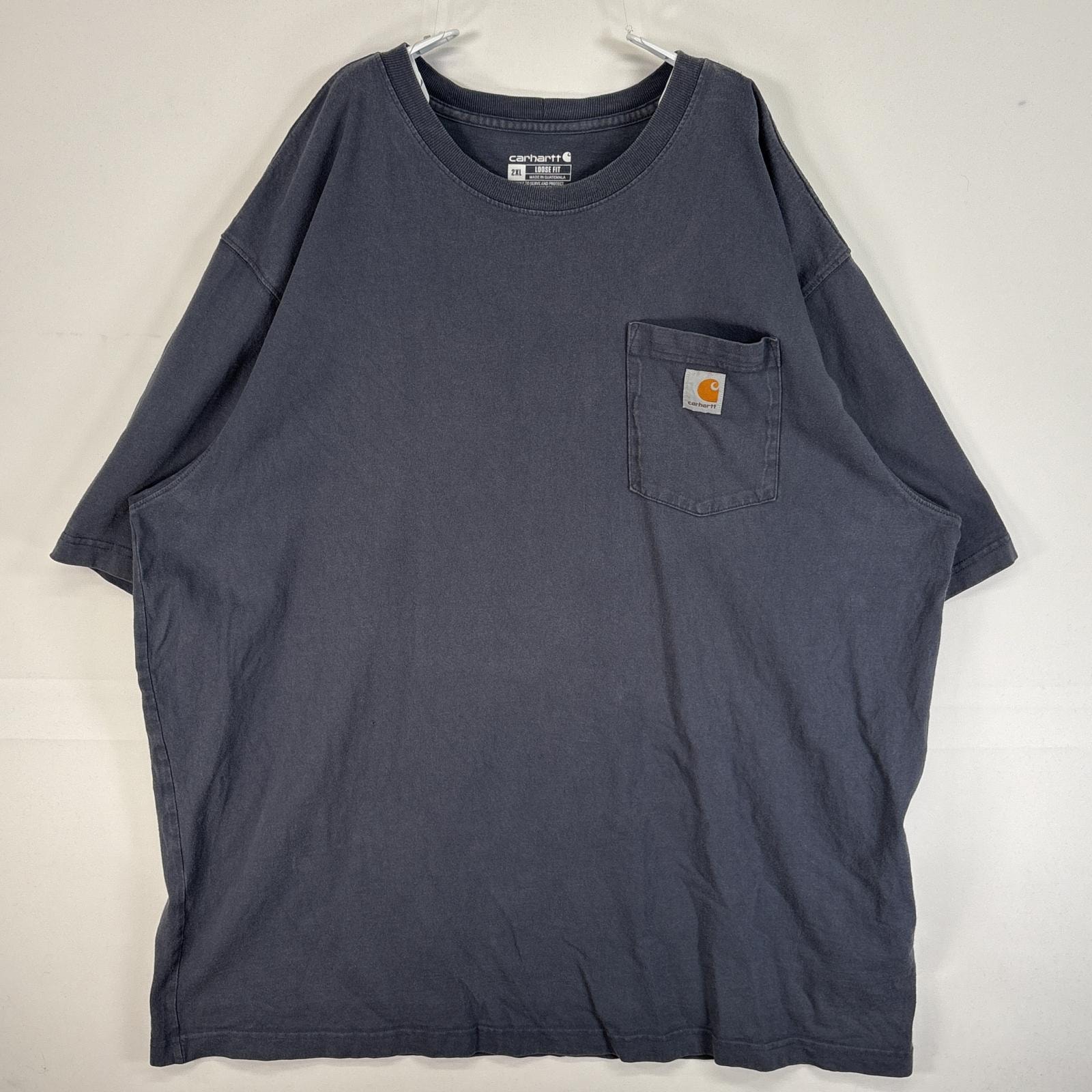 古着 カーハート Carhartt 半袖Tシャツ ワンポイント ロゴ 胸ポケ 大きいサイズ 肉厚 フェード 2XL ブルー系 無地 メンズ