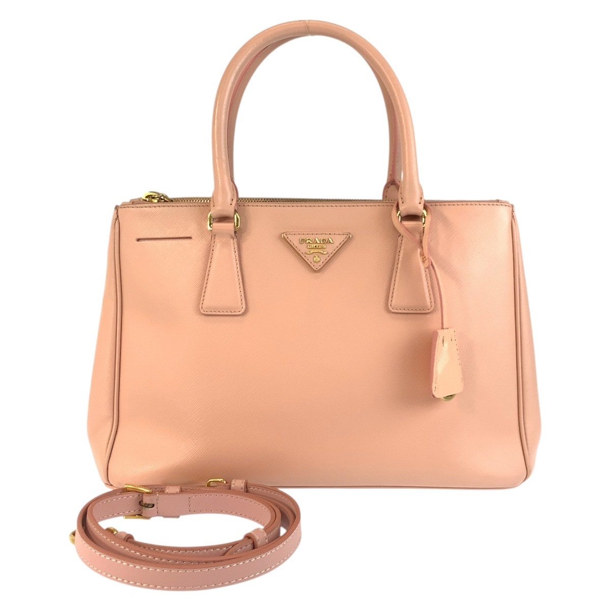 美品 PRADA プラダ サフィアーノ ガレリア 三角ロゴプレート ピンク ゴールド金具 レザー ハンドバッグ トートバッグ ショルダーバッグ 2way 504443 【中古】