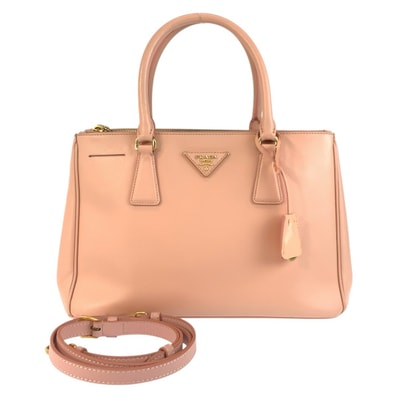 美品 PRADA プラダ サフィアーノ ガレリア 三角ロゴプレート ピンク ゴールド金具 レザー ハンドバッグ トートバッグ ショルダーバッグ 2way 504443 【中古】