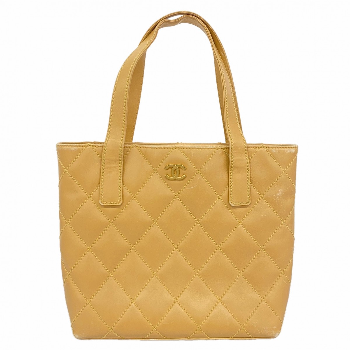 【6ce6389-k】シャネル ハンドバッグ ワイルドステッチ ラムスキン ベージュ ゴールド金具【中古】レディース