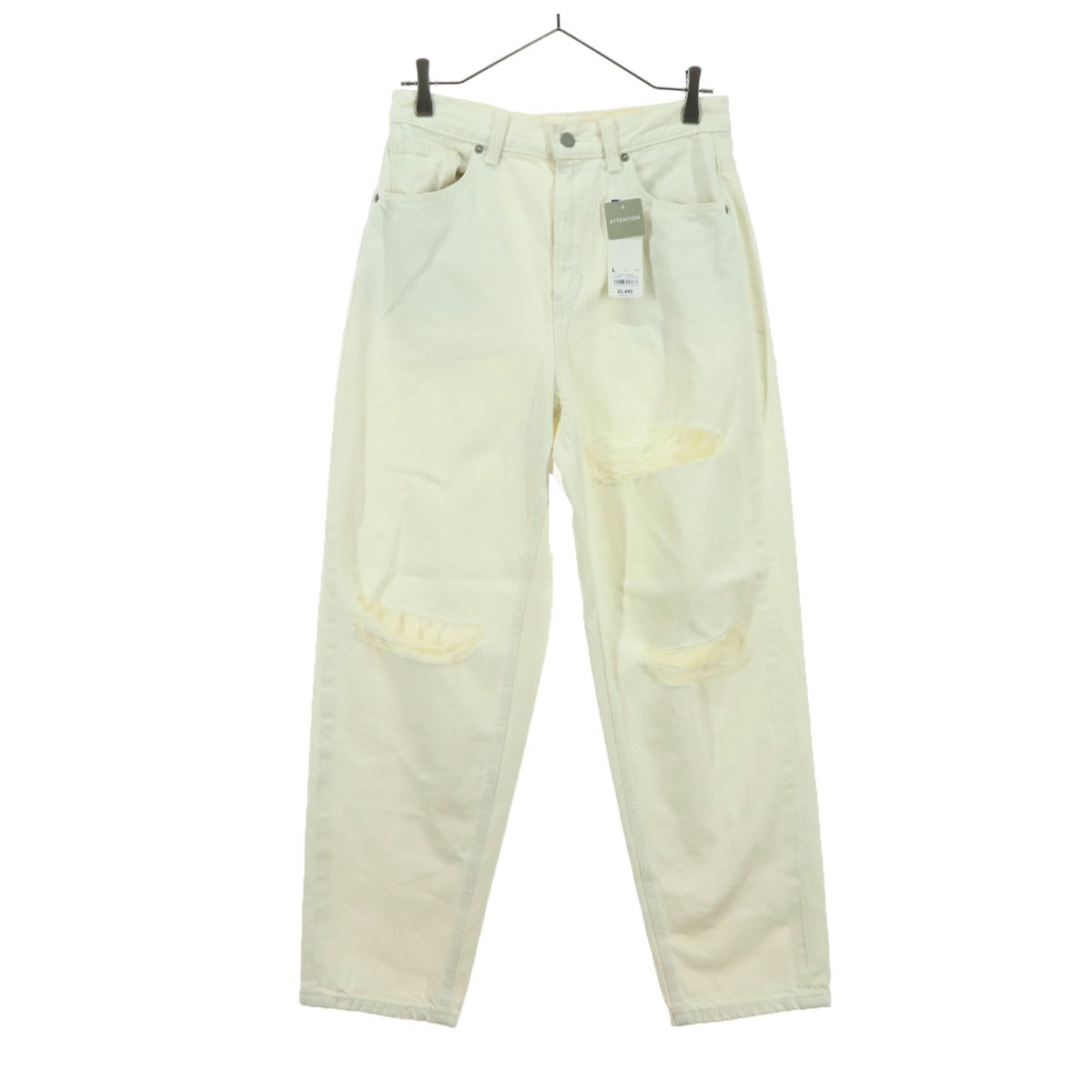 GU ジーユー コットン ダメージ加工 デニムパンツ L オフホワイト