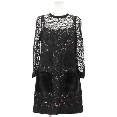 【極美品】LOUIS VUITTON ルイ・ヴィトン ワンピース 花柄 レース ラムスキン ヌバック ミンクファーポケット インナーキャミソールドレス パイソン x フラワー ドレス レディース サイズ 38 ブラック ピンク 黒 桃 フランス製