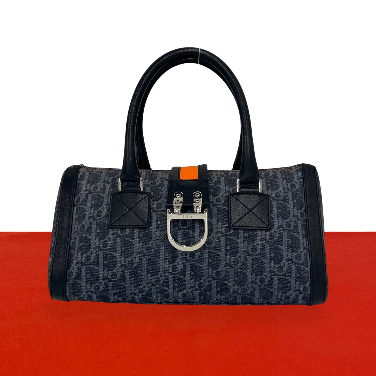 Christian Dior ディオール フライト トロッター 柄 ロゴ 金具 デニム レザー ハンドバッグ ネイビー
 33830