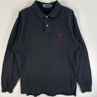 古着 90's/90年代 ポロバイラルフローレン Polo by Ralph Lauren 鹿の子 長袖 ポロシャツ ワンポイント ロゴ 刺繍 混色生地 2ボタン M ブラック系 無地 メンズ