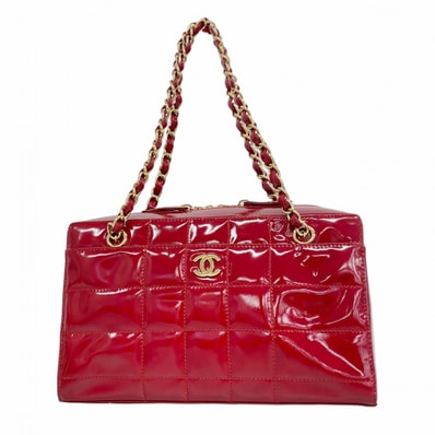 【6ga0753-k】シャネル ショルダーバッグ チョコバー チェーンショルダー パテントレザー レッド ゴールド金具【中古】レディース