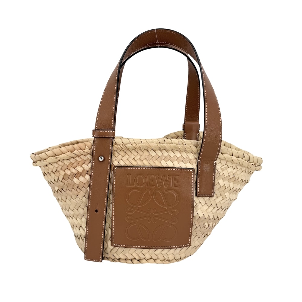LOEWE ロエベ ハンドバッグ アナグラム バスケットバッグ スモール かごバッグ ラフィア レザー ベージュ ブラウン 茶 シルバー金具 レディース 春 夏【中古品】