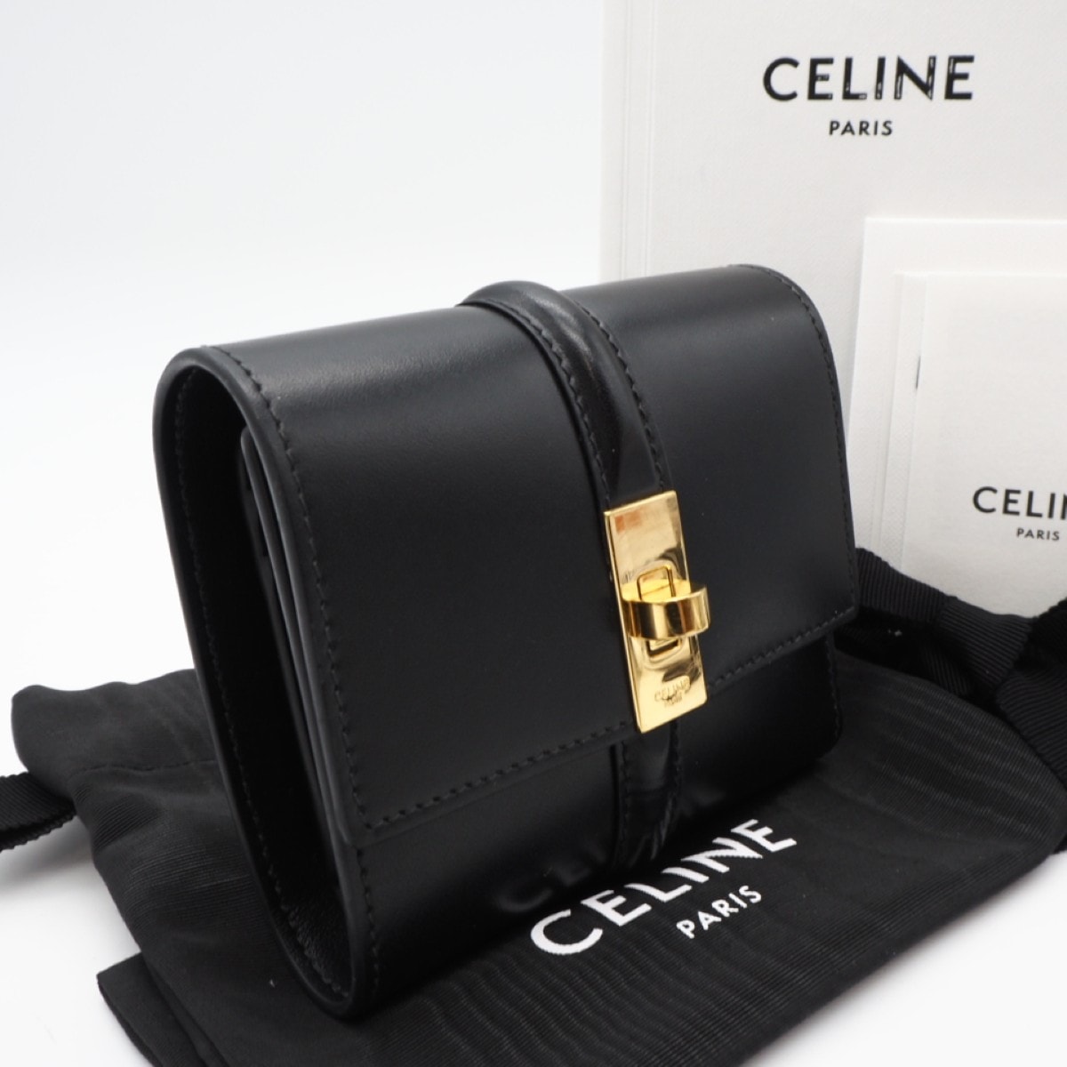 美品 CELINE セリーヌ サテンドカーフスキン スモール トリフォールドウォレット 16セーズ 10F523CQ7 三つ折り財布 ブラック カーフレザー レディース