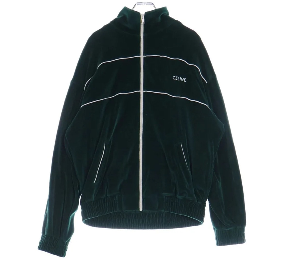 CELINE (セリーヌ) フロント刺繍ロゴ ジップアップ ベロアジャケット 　グリーン