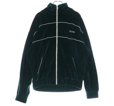 CELINE (セリーヌ) フロント刺繍ロゴ ジップアップ ベロアジャケット グリーン