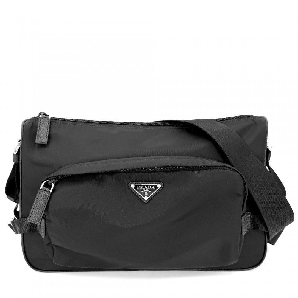 PRADA プラダ ショルダーバッグ トライアングルロゴ ラージ Re-Nylon x サフィアーノレザー 肩掛け 斜め掛け メンズ レディース 2VH191 ナイロン    ブラック 黒 シルバー金具 ユニセックス 美品【中古品】