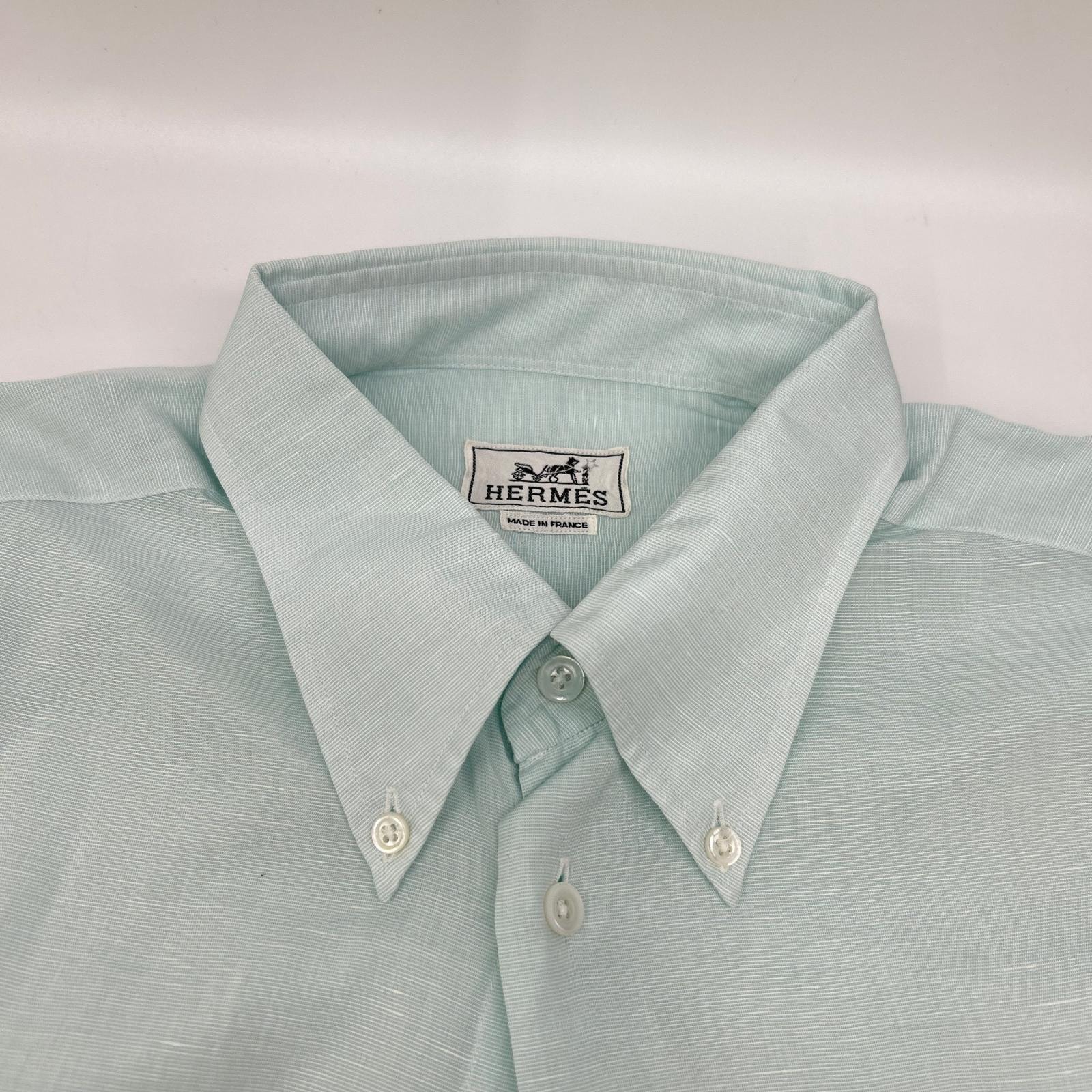 ★エルメス★HERMES リネン半袖シャツ ライトグリーン ライム ボタンダウン B (目立った傷や汚れなし)】エルメス ボタンダウン半袖シャツ リネン混